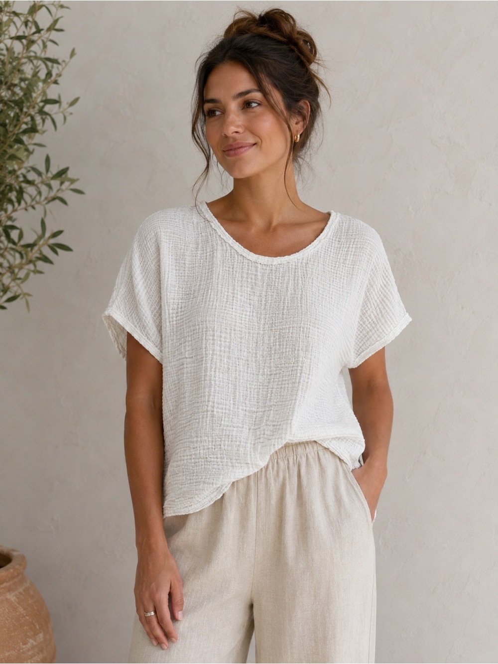Mododoc Lightweight Cotton Flowy Summer Boho White Textured Short-Sleeve Top XL
